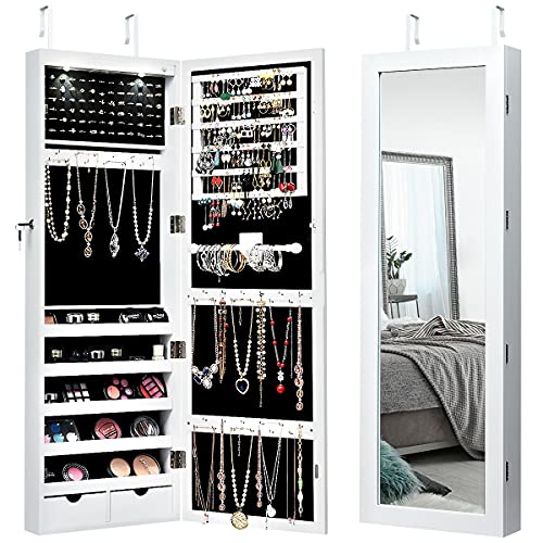 Armoire à Bijoux Avec Miroir, Organisateur De Bijoux Sur Pied Avec Rangement, Meuble De Rangement Pour Bijoux Verrouillable, Pivotant à 360°, Doublure En Velours, Lumière LED, Maison, Marron | FR