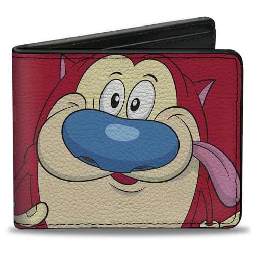 Buckle-Down Men's Nickelodeon Wallet, Bifold, The Ren Show Stimpy Face and Logo Red, Vegan Leather, 4.0