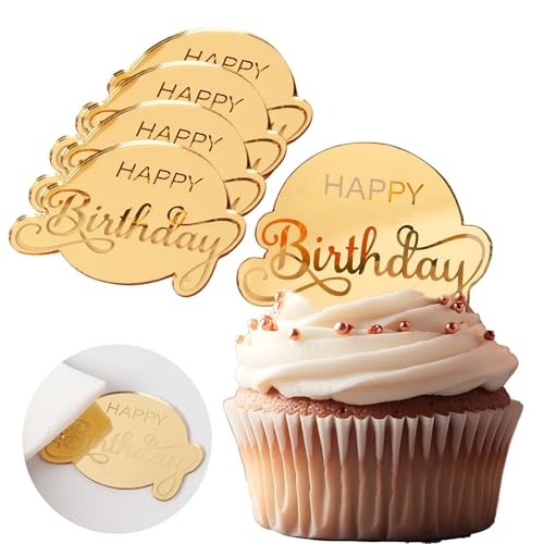 Wolpark 20 mini adornos acrílicos para cupcakes con espejo dorado para cumpleaños, bonitos palillos redondos grabados, discos para cupcakes de feliz cumpleaños, decoraciones de pastel de fiesta