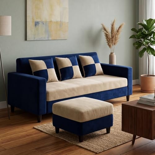 SLEEPIFY Livara 3 Seater Velvet Fabric Sofa Set with Ottoman (Dark Blue - Cream) | Premium Soft Velvet | Plush Comfort Cushions | Modern Living Room Sofa | Comfortable Living Room Sofa