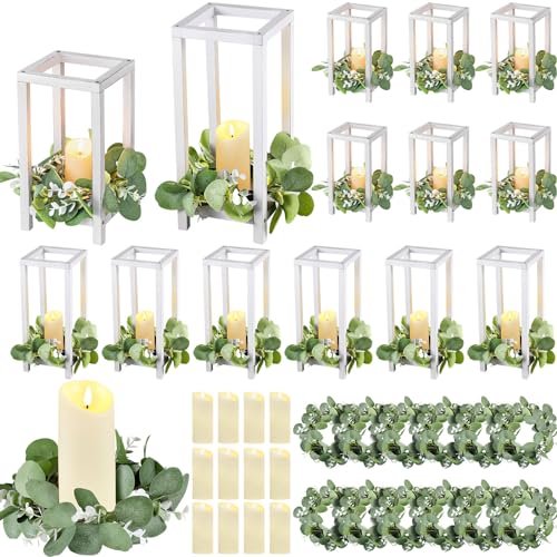 Geelin 12 Set 10.59'', 13'' White Wooden Lanterns for Wedding Centerpieces Include 12 Wooden Lantern 12 LED Candle 12 Eucalyptus Leaves Wreath for Wedding Baby Shower Farmhouse Table Decor