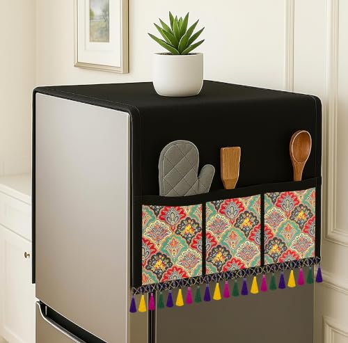 Image of Refrigerator Single Door Waterproof, Dustproof, Tassel Lace Refrigerator Top Cover, Protective Cover for Fridges with Extra Storage Space Nylon Top cover with 6 Storage Pockets ( Flower, 130 x 54 cm )