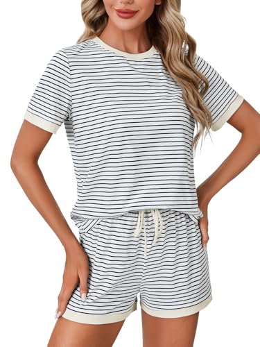 Image of LYANER Pajama Set for Women 2 Piece Lounge Set Striped Crew neck Short Sleeve Tops and Shorts Soft Sleepwear