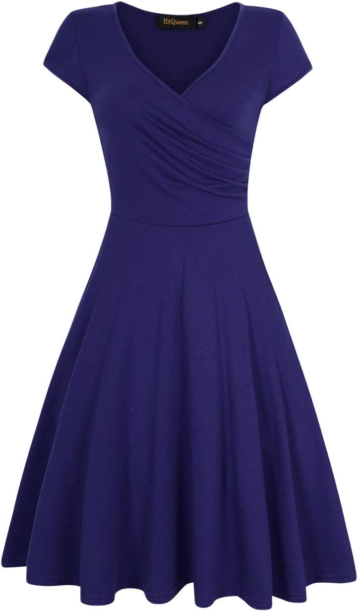 HiQueen Women's Cap Sleeve V-Neck A-line Smart Knee Length Dress (Dark Blue, L)