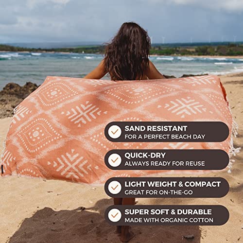 Feshka Sand Free Turkish Beach Towel (37 X 67) Quick Dry Bath Towel, Oversized Beach Blanket, Lightweight For Travel - Made With 100% Organic Turkish Cotton - Damask (Rust/Beige) #TOP1
