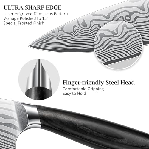 A variety of HOSHANHO kitchen knives including a santoku, bread knife, and steak knives arranged on a wooden surface.