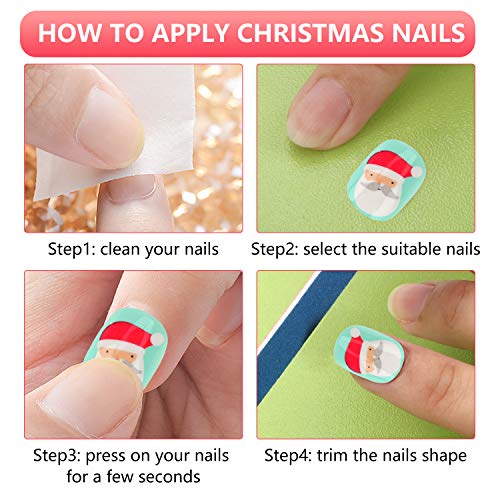 Kids Christmas False Nails Pre Glue Press on Artificial Nail Tip Girl Fake Fingernail Kit Full Cover Short for Children Nail Art Decoration - Thumbnail 4