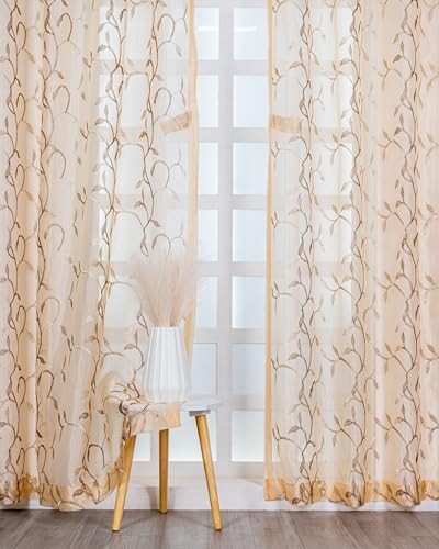 Image of (5 Ft Tissue Fabric Embroidered Curtain |Small Leaf Design Grommet Curtains Window Single Curtain | Vintage Classical Floral Print | For Home | Brown (Pack Of 1) | 152 L X 121 W Centimeters