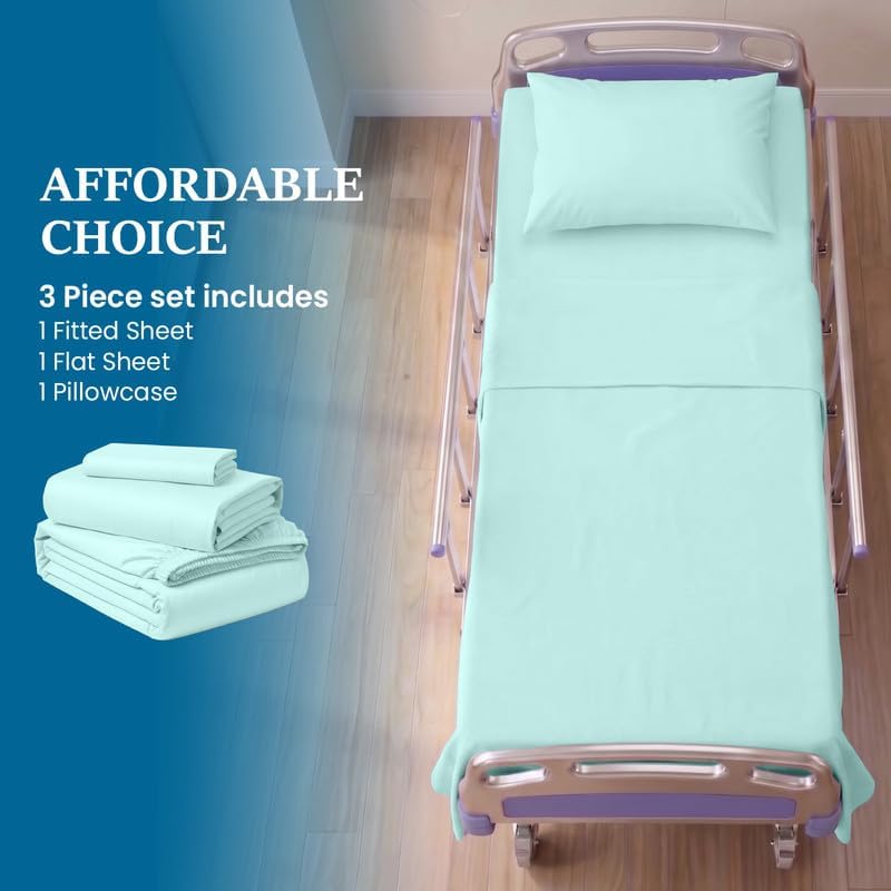 3-Piece Hospital Bed Sheet Set –100% Egyptian Cotton 300 Thread Count Aqua-Blue Solid Includes 1- Flat Sheet ,1- Fitted Sheet with 8” Deep Pocket & 1-Pillowcase -Fits Standard Size 36 x 80 Inch