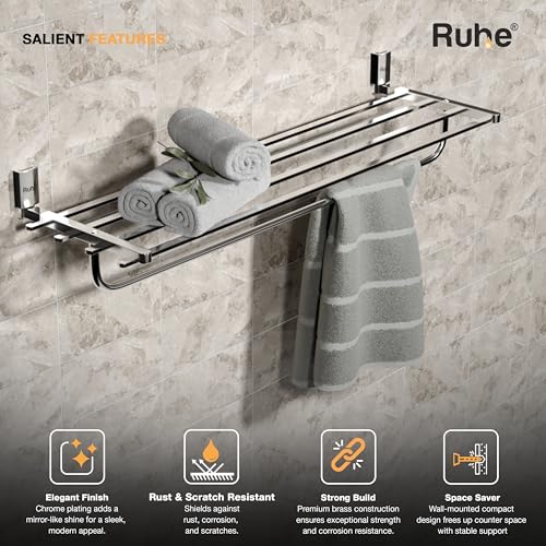 Image of Ruhe 24 Inch Erica Bathroom Towel Rack /Towel Holder /Towel Stand | Wall Mounted Shelf with Hanging Rod, Durable Metal with Chrome Finish