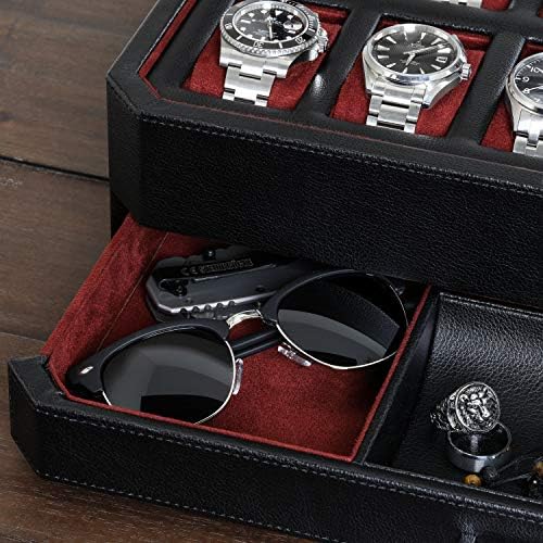 Watch Box with Valet Drawer for Men - 12 Slot Luxury Watch Case Display Organizer, Microsuede Liner, Locking Mens Jewelry Watches Holder, Men's Storage Boxes Holder Large Glass Top (Black / Red)