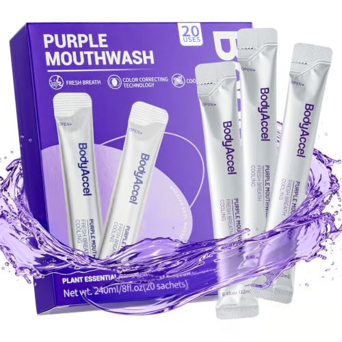 BodyAccel Purple Mouthwash for Teeth Whitening Color Correcting Whitening Mouthwash with 20 Portable Sachets Travel Mouthwash for Fresh Breath & Brighter Looking Teeth Alcohol Free Gentle Oral Care