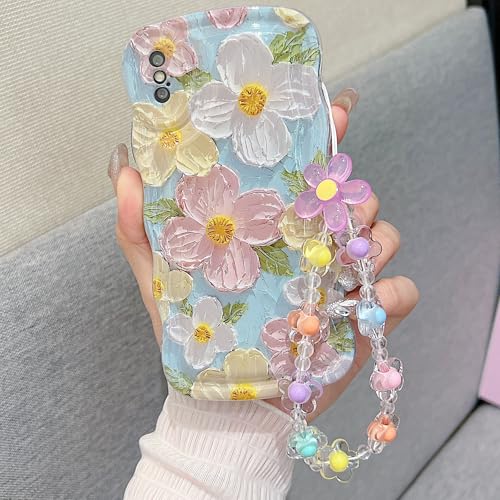 Fxlzcw for iPhone X iPhone Xs Curly Wavy Case, Cute Colorful Retro Oil Painting Flower Glossy Pattern [with Bead Chain], Slim Fit Shockproof Protective Cover for Girls Women (Green)