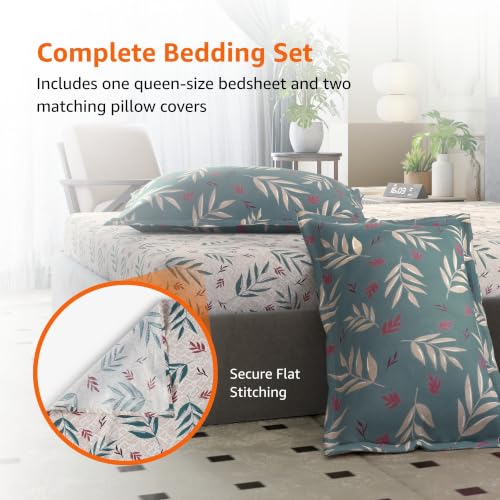 Image of Amazon Basics - 100% Cotton Flat Bedsheet | 144TC |Queen Bed Sheet with 2 Pillow Cover|Soft Cotton | Leaf Print | 90 Inch x 100 Inch, Grey