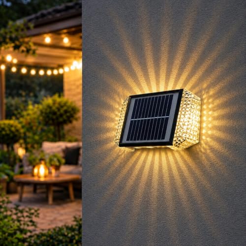 Image of XERGY 2W Solar Powered Outdoor LED Wall Light | Auto ON /Off Dusk to Dawn | 2 Warm White Lighting Mode | Unique Shadow Pattern | 1200mAh Battery | Waterproof for Garden, Gate, Balcony & Exterior Decor