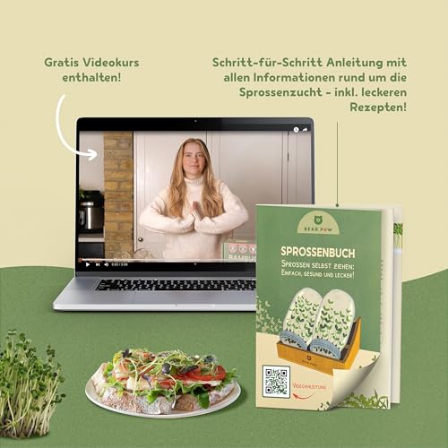 BEAR PAW® Sprossenglas 2er Set - 1000ml Keimglas für Sprossen Keimlinge - (inkl. Bambushalterung, Abdunklungshüllen, Gratis Videokurs, Sprossenbuch) - Sprossenglas Keimglas Set - Sprossen Keimgerät