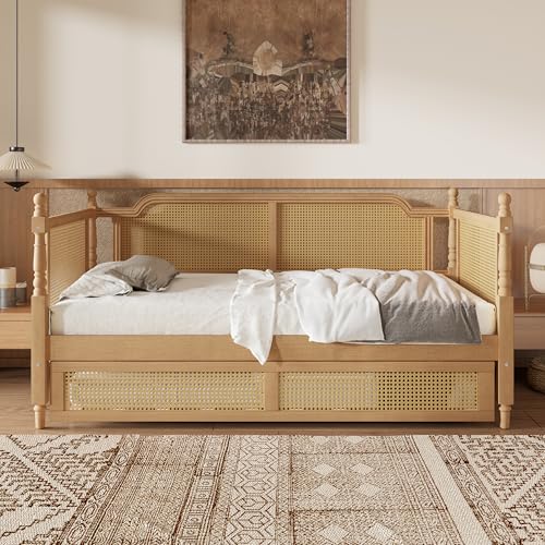 RuiSiSi Traditional Style Rattan Twin Size Daybed, Wood Daybed with Trundle for Small Space Guestroom, No Box Spring Needed, Antique Walnut