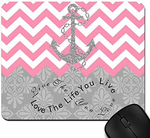 Live the Life You Love, Love the Life You Live Gray Anchor Pink Chevron & European Retro Pattern Unique Computer Mouse Pad