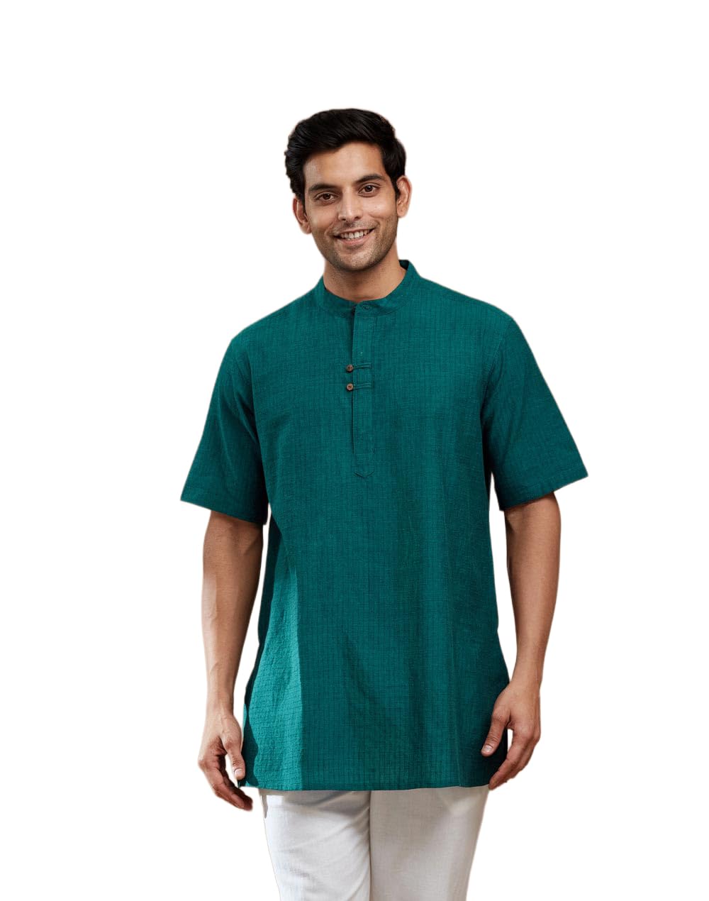 fabindia Men Dark Green Woven Design Cotton Thigh Length Kurta-picture-12