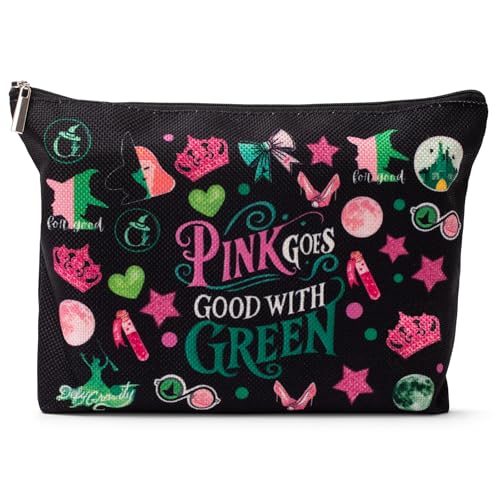 UpfurMach Whimsical ‘Witch’-Inspired Black Cosmetic Bag with Playful Pink and Green Design Women's cosmetic bag with zipper-Perfect for Fans of the Musical and Theatrical Fashion