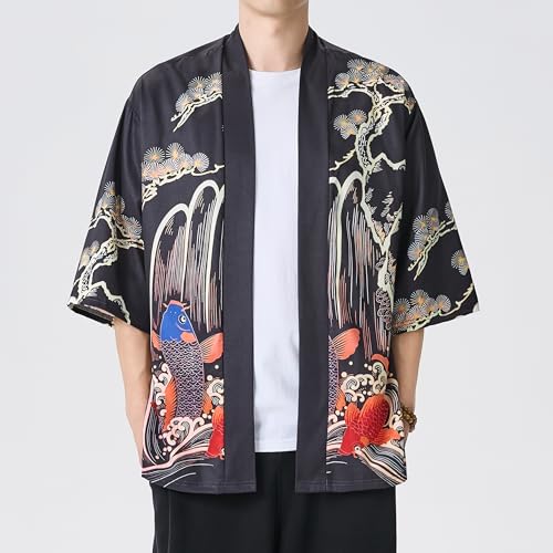 Image of Men's Japanese Kimono Robe Jacket Lightweight 3 /4 Sleeve Open Front Yukata | Silky Smooth Fashion Print Happi Coat Lightweight Breathable Loose Unisex Haori Casual Summer Cardigan Daily Beach Vacation