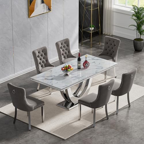 HomVent 70" Faux Marble Dining Table Set, Marble Top Dining Room Table Set, Modern Kitchen Table with Kitchen Chairs, Kitchen & Dining Room Sets Stainless Steel Base