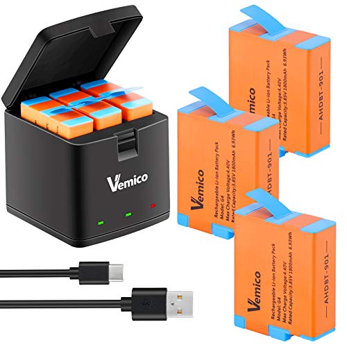 Vemico GoPro Hero 9/Hero 10 Battery 3-Pack 1800mAh with 3-Channel LED Type C USB Charger for GoPro Hero 9 and GoPro Hero 10(Fully Compatible with Original GoPro 9/10 Battery and Charger)