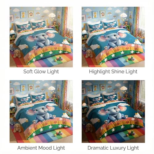Image of HOMEKART Kids Cloud Cotton Bedsheet Double Bed | 210 TC Cartoon Printed Bedding Set with 2 Pillow Covers 7D | Soft, Wrinkle-Free | 108 x 108 Inches (Cute Elephant Rainbow)