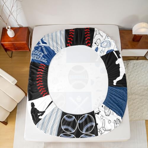 Image of Castle Fairy Baseball Bed Sheet Set Twin Size,Sports Geometric Grid Blue Sheet Set Kids Teens,Patchwork Baseball Bedding Decor Set with 1 Flat & 1 Fitted Sheet with 1 Pillow Sham