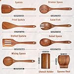 9 Piece Natural Teak Wooden Kitchen Utensil Set with Spoon Rest - Comfort Grip Cooking Spoons and Utensils Holder - Image 2