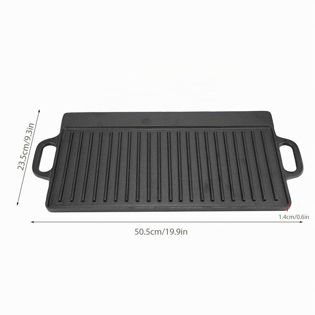 Plancha Hierro Fundido Antiadherente Doble Cara Reversible Dos Asas, para Barbacoa Parrilla Gas Carbón, Uso Horno Fuego Abierto 50.5x23.5x1.4cm