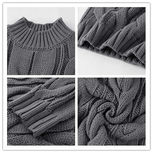 Men's Turtleneck Pullover Sweaters Knitted Long Sleeve Cable Twisted Knit Warm Winter Casual Sweater Gray #TOP2