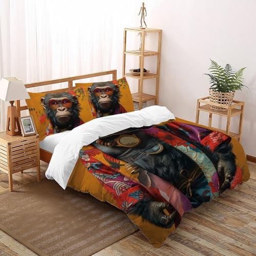 Housse de couette singe imprimé 3D microfibre animaux 200x200 pour lit double