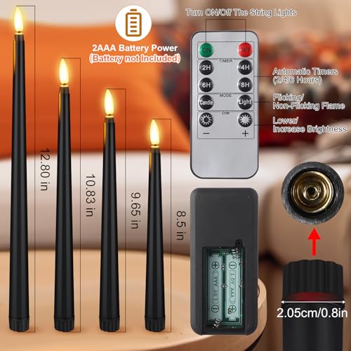 Image of Rossesay 16 Pcs Black Flameless Taper Candles Halloween Battery Operated Candles with Remote Timer 8.5 inch 9.6 inch 10.8 inch 12.8 inch LED Flameless Flickering Candlestick for Christmas Wedding Party Decor
