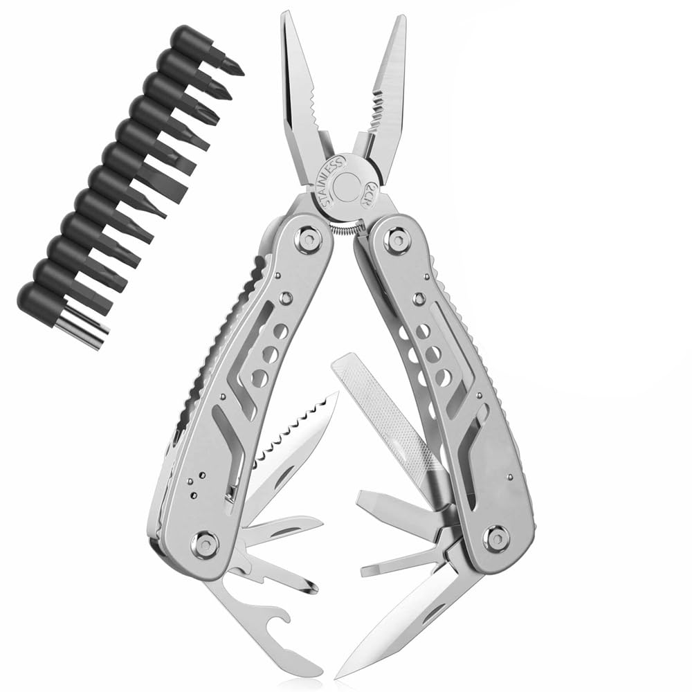 Azonee 15-in-1 Multitool, Professional Stainless Steel Multi Tools with Safety Locking, Professional Stainless Steel Multitool Pliers Pocket Knife, Replaceable Bits Multitools for Outdoor, Camping