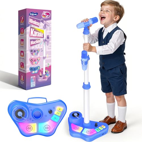 Dislocati Microphone Enfant sans Fil avec Pied, 3-en-1 Micro Karaoke Enfant avec Lumière LED Cinq Couleurs, Jouet Micro pour Garçon 3 Ans et +, Cadeau...