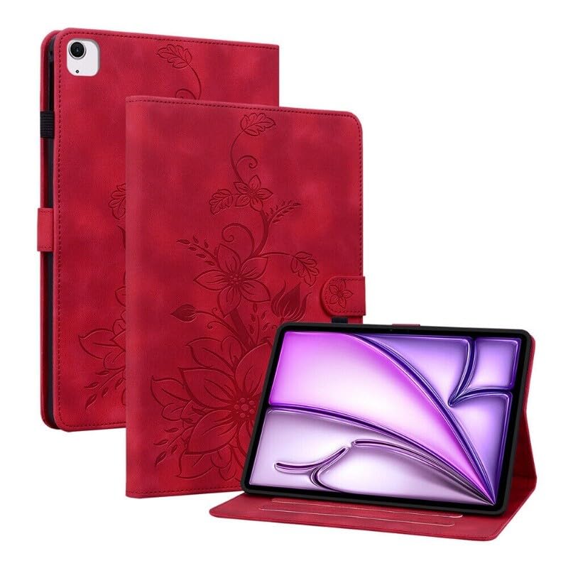 Étui iPad mini 7 2024 rouge à rabat floral en cuir pour protection tablette