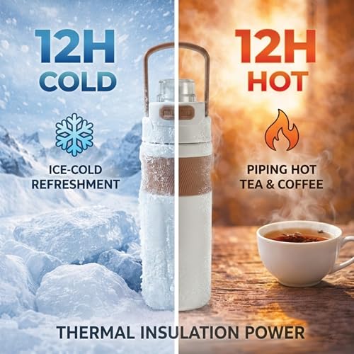 Image of 600ml Insulated Water Bottle with Straw - Premium SUS 316 Stainless Steel Sport Flask - Insulated Hot & Cold, Leak-Proof One-Click Flip Top - Gym & Travel Bottle (Ivory Mocha)