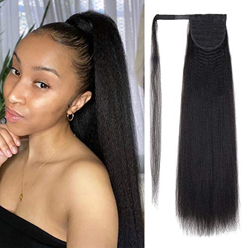 22 Inch Long Yaki Straight Ponytails Synthetic Fiber Kinky Straight Wave Ponytail Hairpieces Wrap Around With Magic Paste Curly Wavy Pony Tail Clip in Hair Extensions for Women (#1B)
