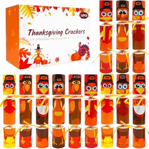 WODMAZ 12 Pack Thanksgiving Crackers Turkey Style Thanksgiving Party Favors No Snap No Popping with Party Hat Joke & Random Gift for Thanksgiving Games Holiday Cracker Poppers
