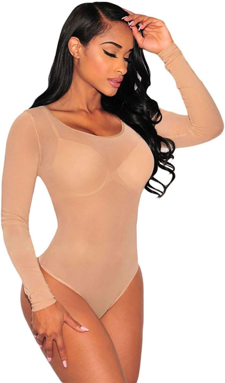 SEBOWELWomen Long Sleeves Mesh See Through Jumpsuit Bodysuit Top Leotard