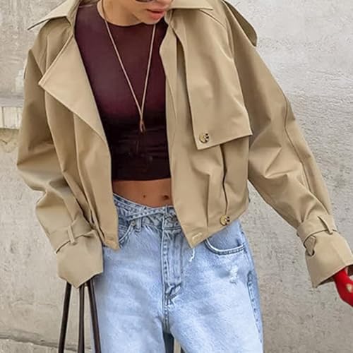 Cropped Trench Coat Women Lapel Double Breasted Raglan Sleeve Crop Jacket Fall Casual Work Office Overcoat Outerwear2