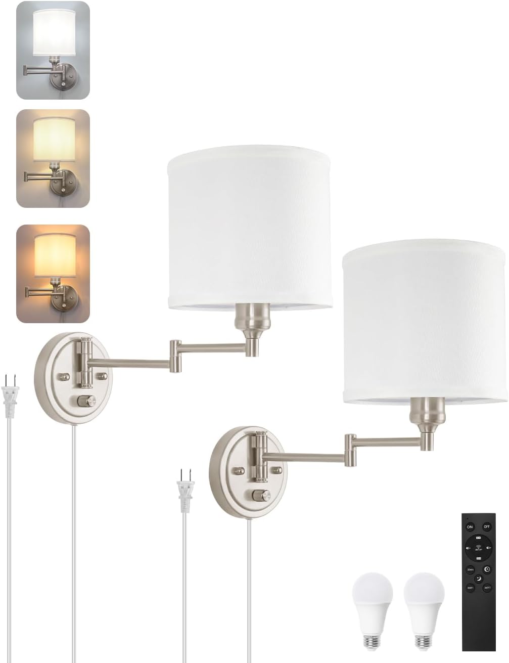 Plug in Wall Sconces with Remote Control, Dimming & Adjustable Colors 2700K-6500K, Hardwire or Plug-in, Swing Arm Wall Lamp with White Fabric Shade, Wall Sconces Set of Two, Brushed Nickel Finish