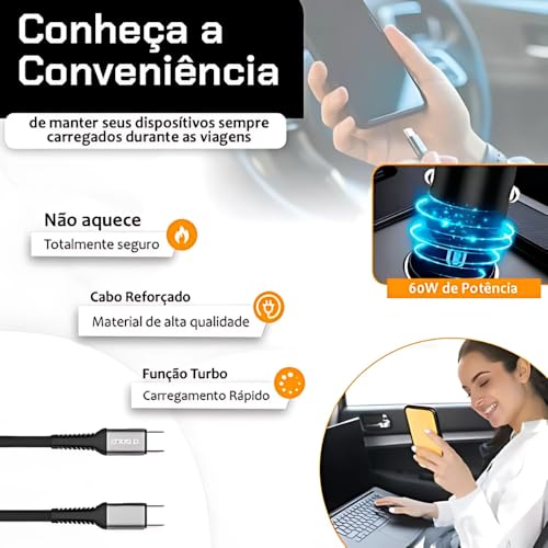Carregador Veicular Turbo 60W Para Automóvel Carregador de Carro Duas Entradas com Carregamento Supe