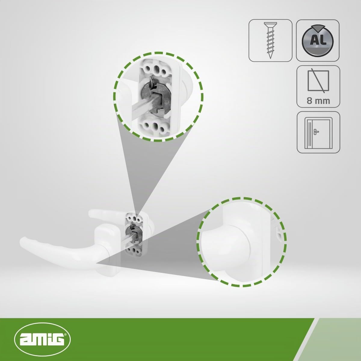 Amig - Juego de Manilla de Roseta Reforzada - Modelo Sendoa - Fabricada en Aluminio - Medida: 125 X 66 mm - Cuadradillo de 8 mm - Blanco
