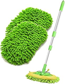 Geayonis Car Wash Brush Telescopic Car Wash Brush Aluminum Long Handle Car Wash Brush Mop with Chenille Microfiber Washing Mitt 180 Degree Rotation For Cleaning Cars, Trucks(2 x Mop Head)