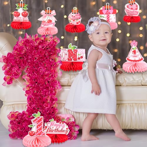 Image of 9pcs Cherry On Top Honeycomb Centerpieces First Birthday Party Table Decorations Sweet ONE Cherry Tabletop Centerpieces for Baby Shower One Year Birthday Cherry Table Topper Sign Decorations