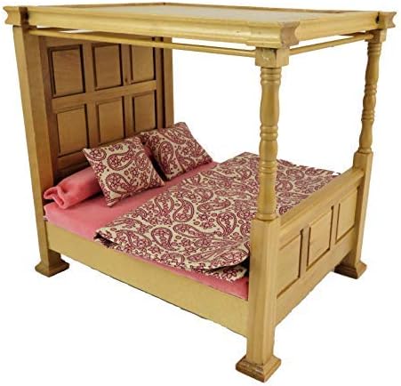 Melody Jane Dollhouse Tudor Light Oak Tester Bed 4 Poster with Bedding Bedroom Furniture