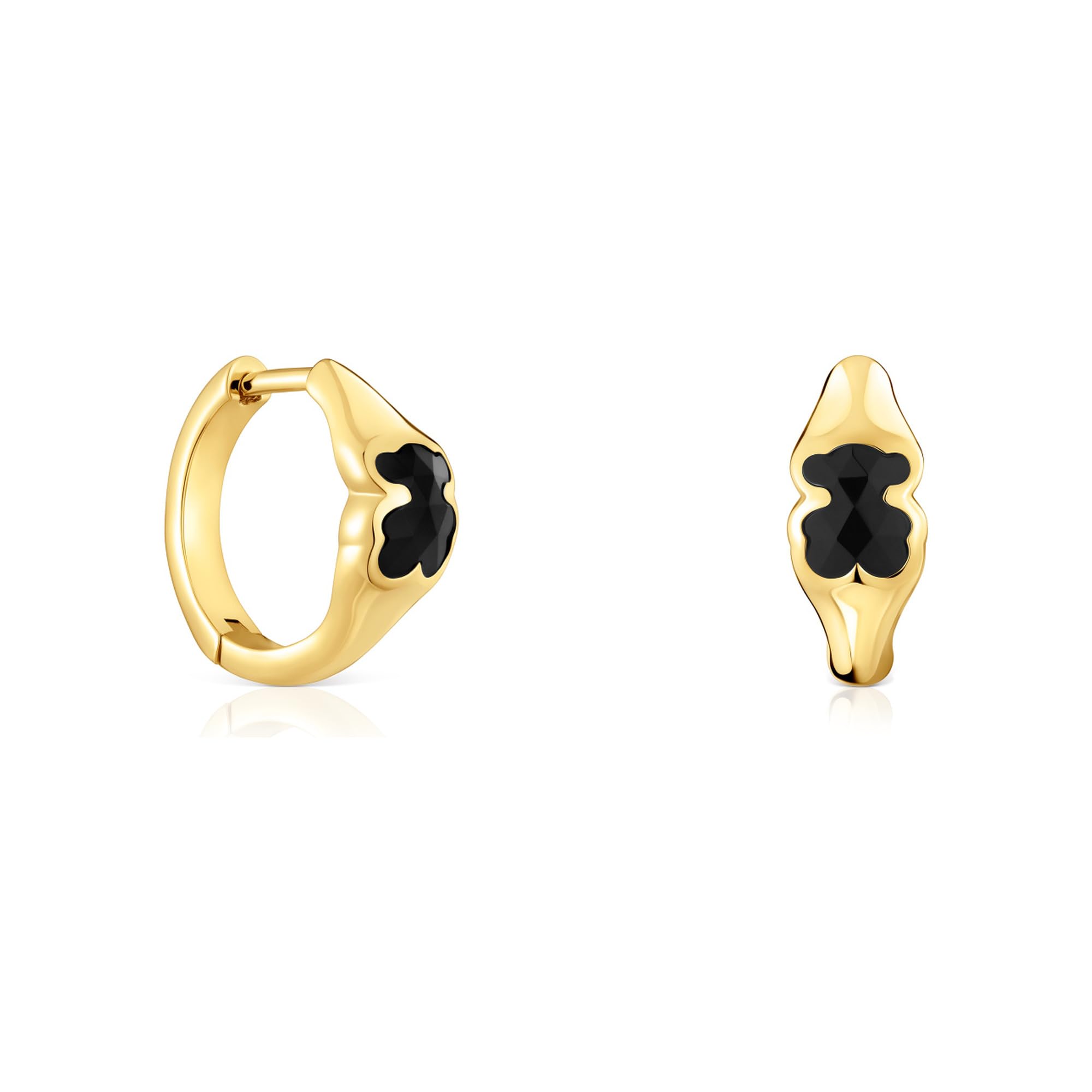 TOUS Pendientes de Aro para Mujer con Baño de Oro 18 Kt sobre Plata de Primera Ley y Motivo Oso En Ónix, 10 mm, Colección Icon Color