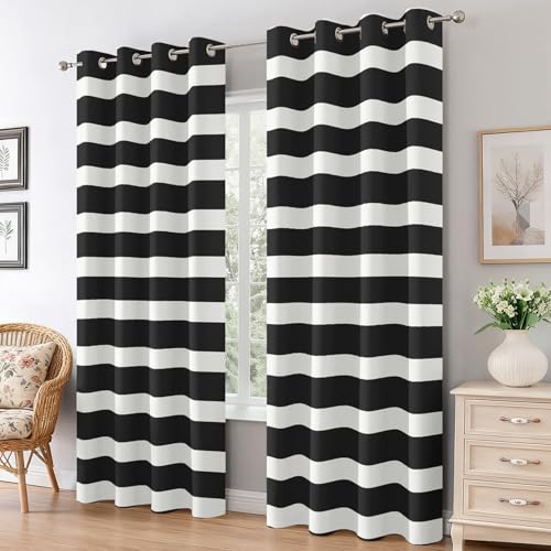 Image of Horizontal Striped Curtains for Living Room, Black And White Stripes Blackout Curtains Bedroom, 46 x 54 Inch 2 Panels, 54 Drop Eyelet Thermal Window Drapes, Home Decor E-D24